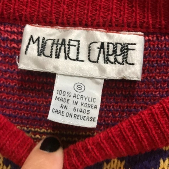 Michael Carrie Vtg 80's Sweater S Red Pink Shoulder Pad Bold Tribal Geometric - Picture 3 of 9